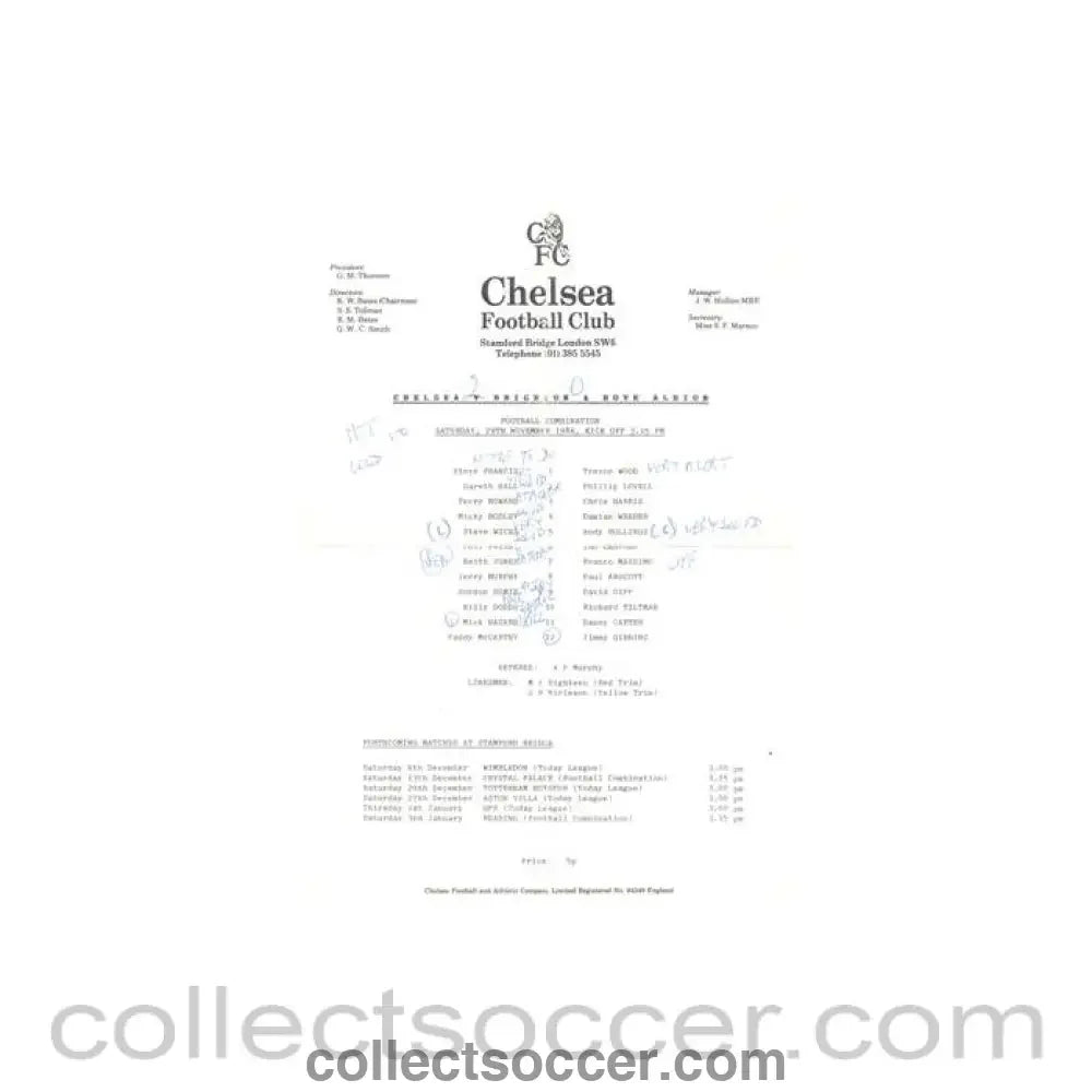 1986 - Chelsea v Brighton Reserves official teamsheet 29/11/1986 Football Combination - Collect Soccer