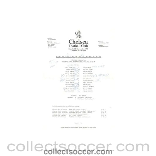 1986 - Chelsea v Brighton Reserves official teamsheet 29/11/1986 Football Combination