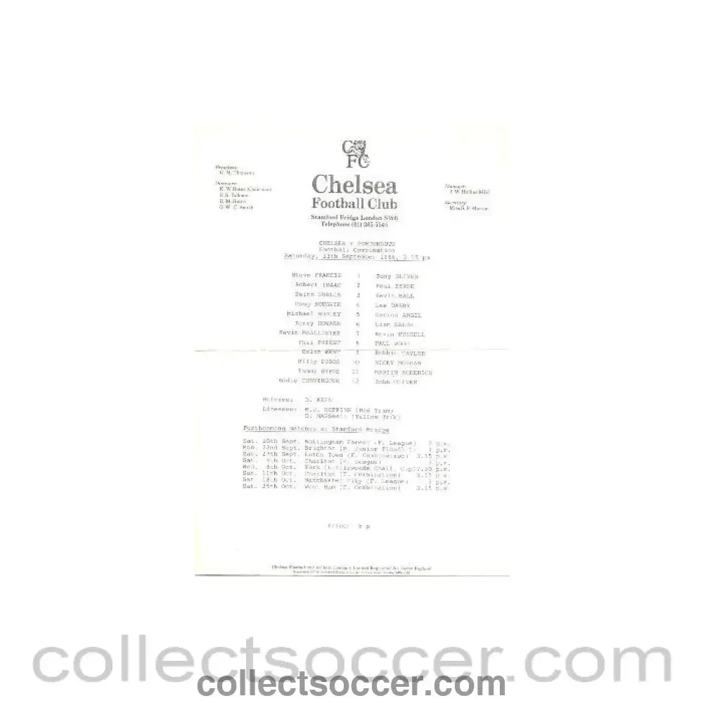 1986 - Chelsea v Portsmouth official teamsheet 13/09/1986