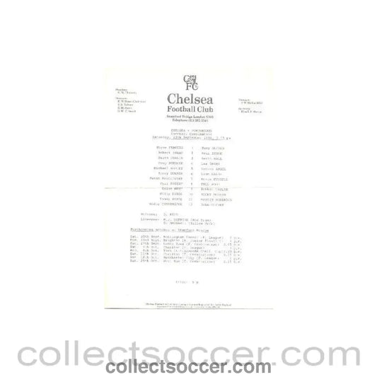 1986 - Chelsea v Portsmouth official teamsheet 13/09/1986
