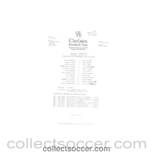1986 - Chelsea v Portsmouth Reserves official teamsheet 13/09/1986 Football Combination - Collect Soccer