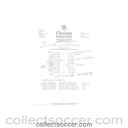 1986 - Chelsea v Tottenham Hotspur Reserves official teamsheet 30/09/1986 Football Combination - Collect Soccer