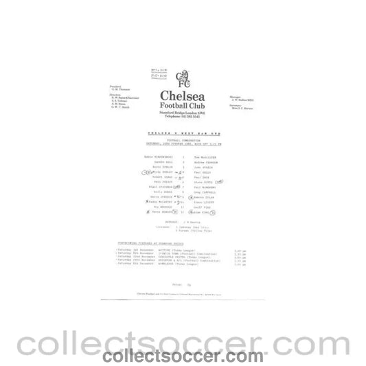 1986 - Chelsea v West Ham United Reserves official teamsheet 25/10/1986 Football Combination - Collect Soccer