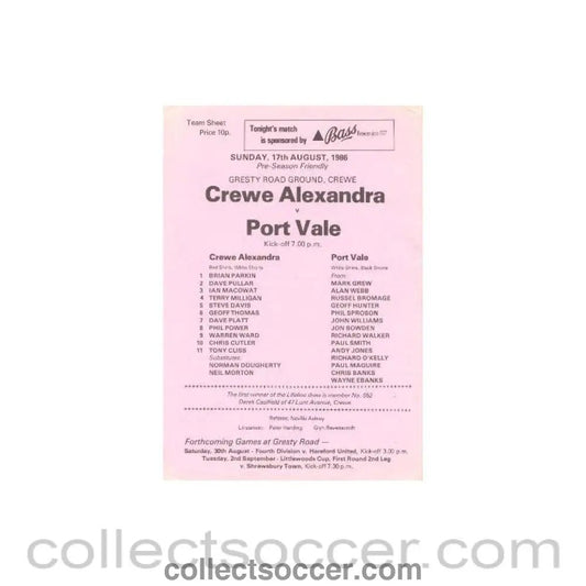 1986 - Creve Alexandra v Port Vale official programme 17/08/1986 - Collect Soccer