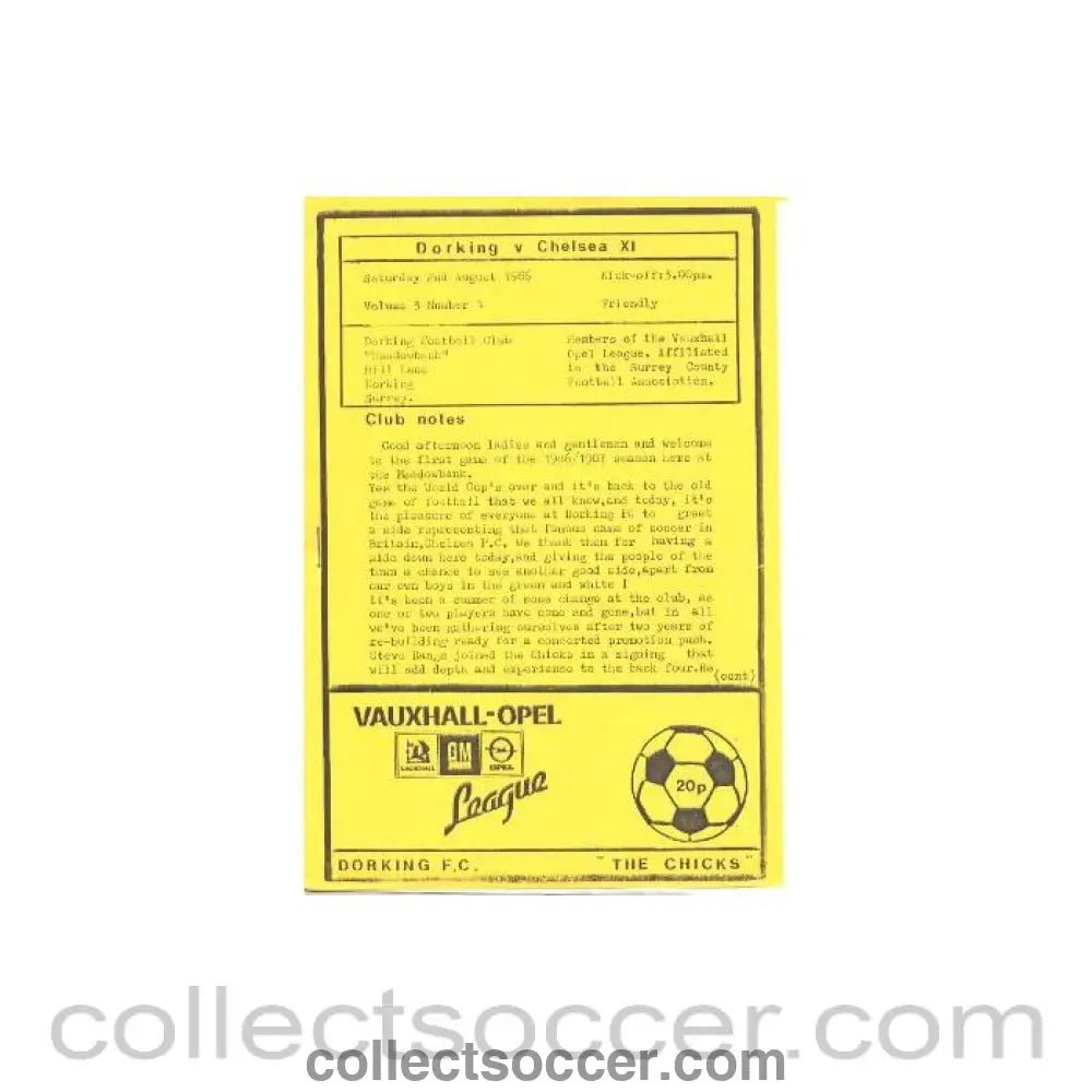 1986 - Dorking vChelsea XI official programme 02/08/1986 - Collect Soccer