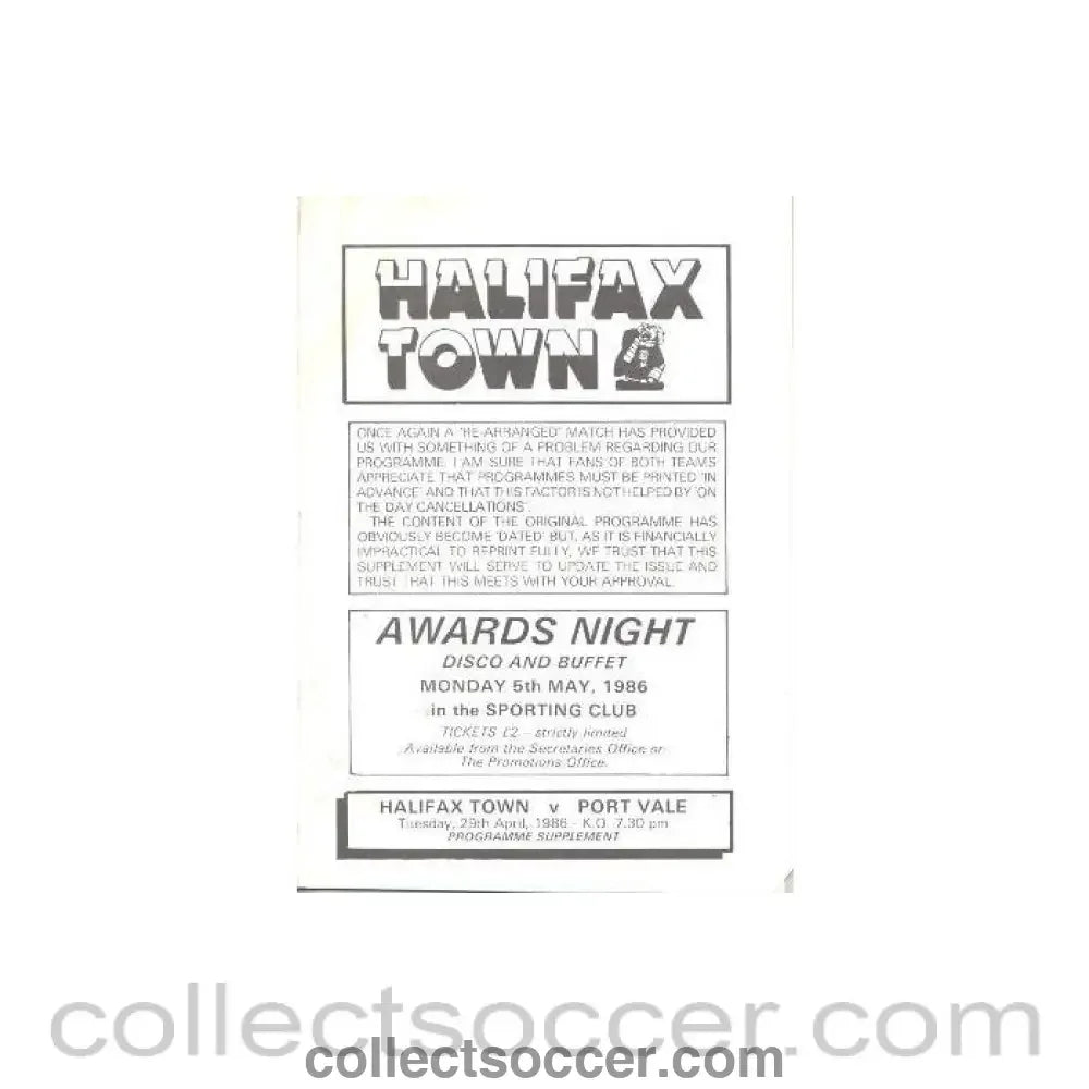1986 - Halifax Town v Port Vale official programme 21/02/1986 Football League - Collect Soccer