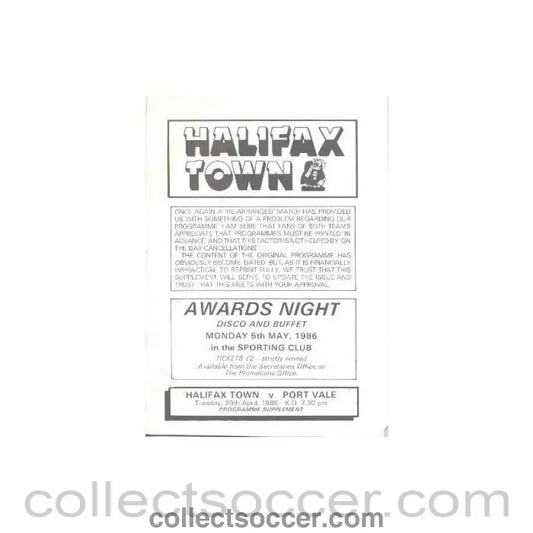 1986 - Halifax Town v Port Vale official programme 21/02/1986 Football League - Collect Soccer
