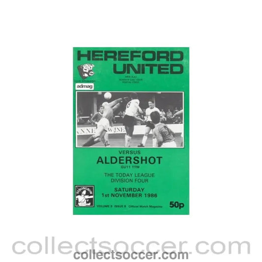 1986 - Hereford United v Aldershot official programme 01/11/1986 Football League - Collect Soccer