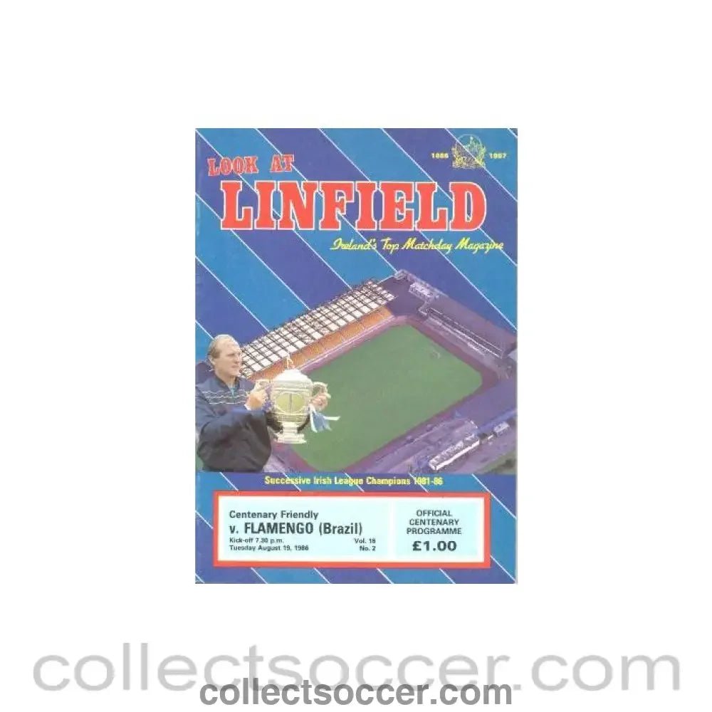 1986 - Linfield v Flamengo Brazil official programme 19/08/1986 Centenary Friendly Match - Collect Soccer