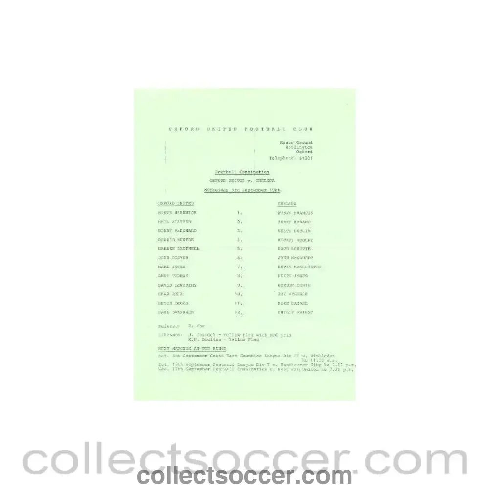 1986 - Oxford United v Chelsea official teamsheet 03/09/1986 - Collect Soccer