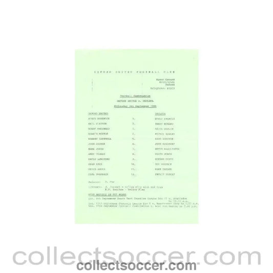 1986 - Oxford United v Chelsea official teamsheet 03/09/1986 - Collect Soccer