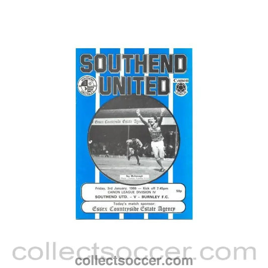 1986 - Southend United v Burnley official programme 03/01/1986 Canon League - Collect Soccer