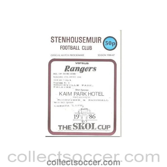 1986 - Stenhousemuir v Glasgow Rangers official programme 20/08/1986 Skol Cup - Collect Soccer