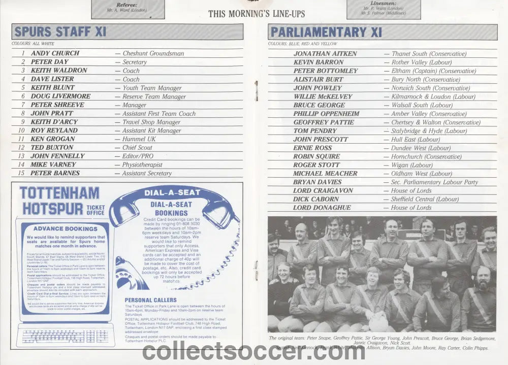 1986 Tottenham Hotspur Staff XI v Parliamentary XI Official Programme