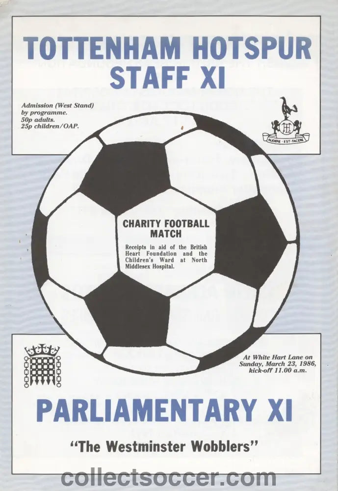 1986 Tottenham Hotspur Staff XI v Parliamentary XI Official Programme