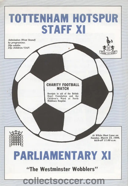 1986 Tottenham Hotspur Staff XI v Parliamentary XI Official Programme