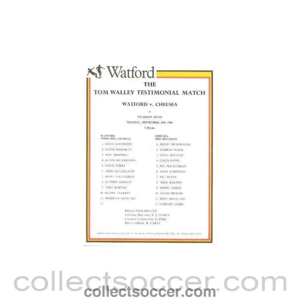 1986 - Watford v Chelsea official teamsheet 29/09/1986 - Collect Soccer