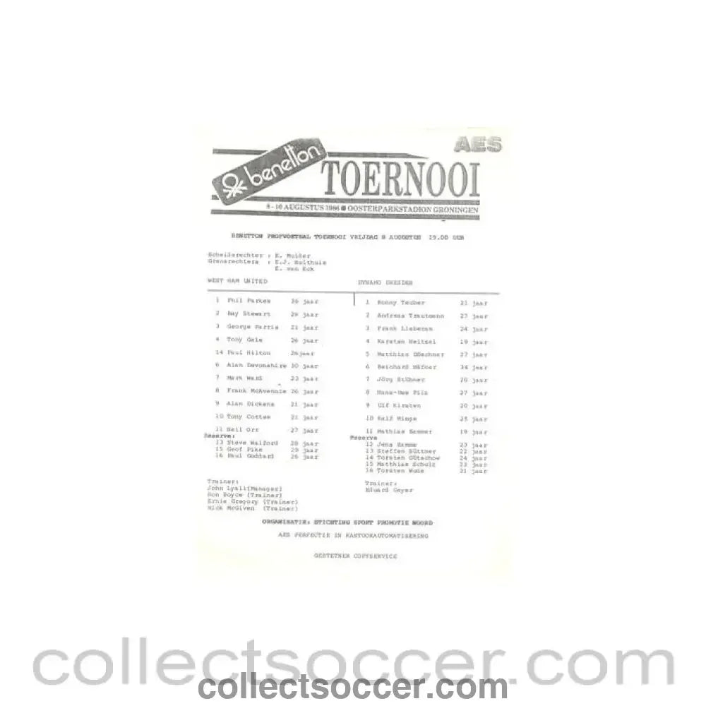 1986 - West Ham United v Dynamo Dresden official teamsheet 08/08/1986 Benetton Tournament - Collect Soccer