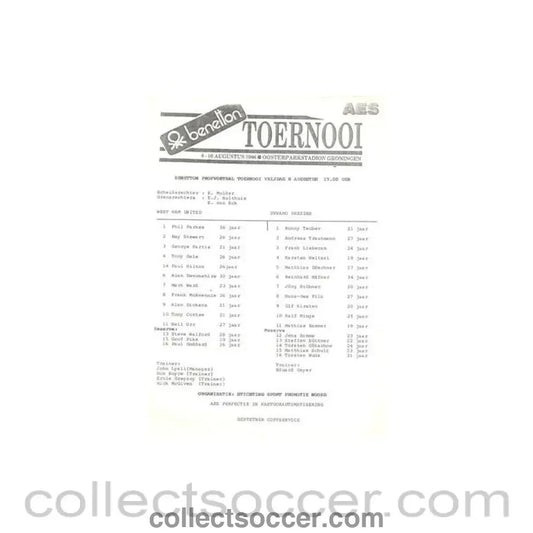 1986 - West Ham United v Dynamo Dresden official teamsheet 08/08/1986 Benetton Tournament - Collect Soccer