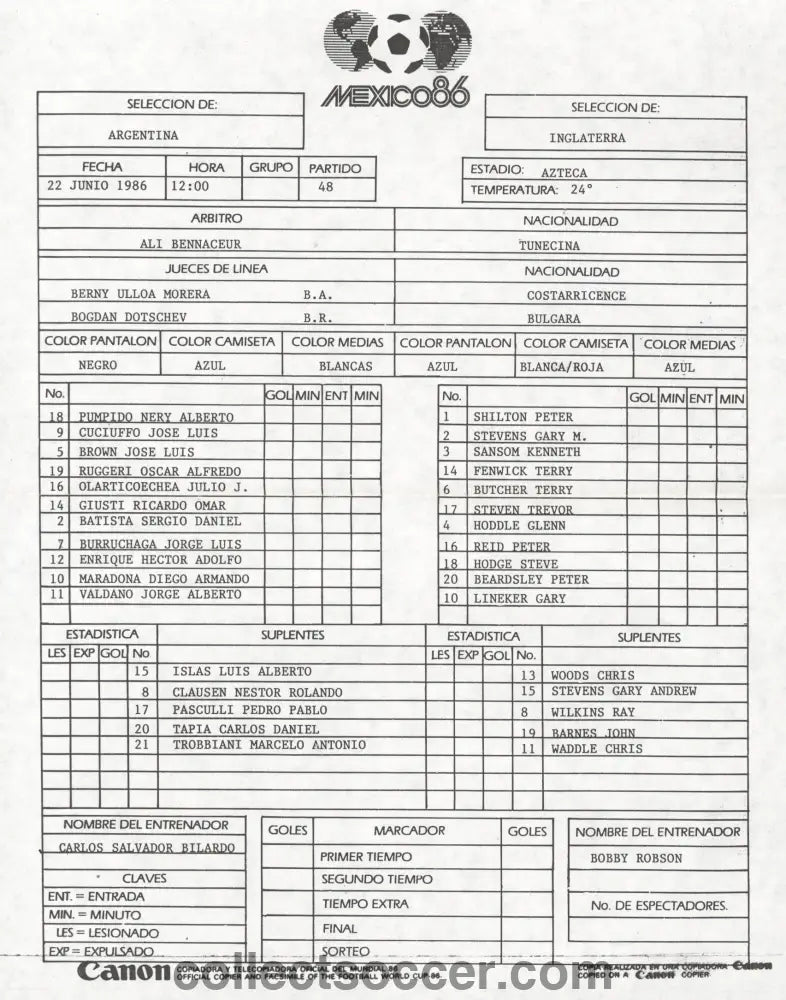 1986 World Cup Argentina v England Original and Official Team Sheet - Hand of God Game