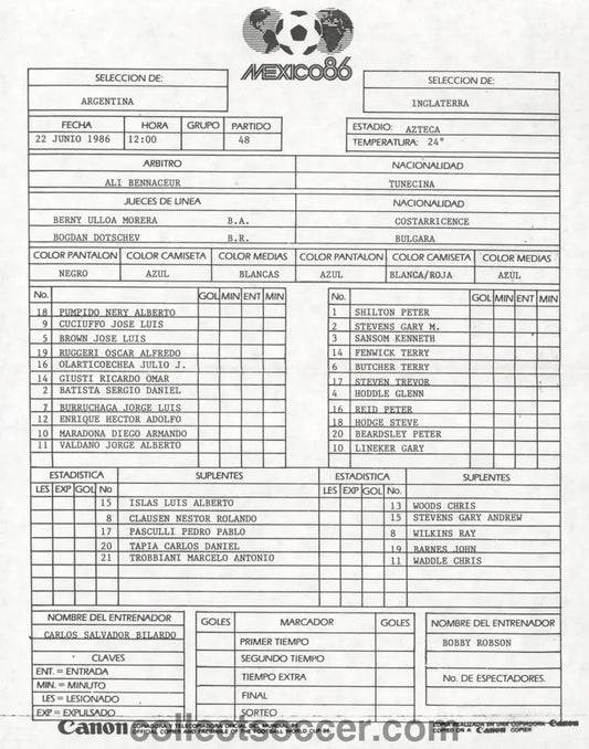 1986 World Cup Argentina v England Original and Official Team Sheet - Hand of God Game