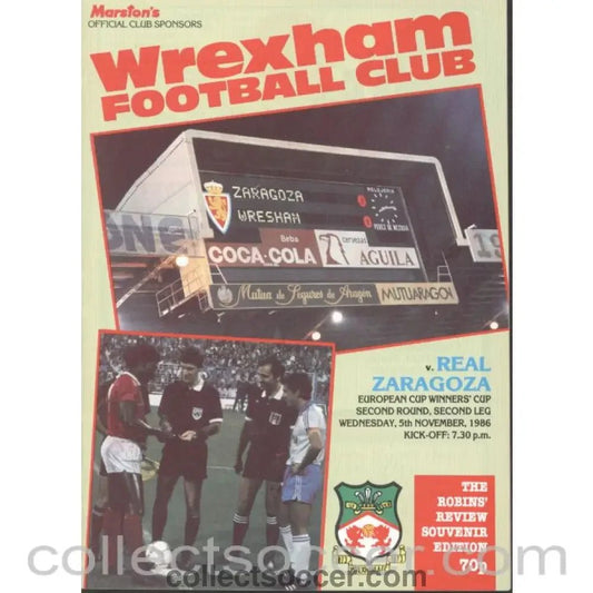 1986 - Wrexham v Real Zaragoza Cup Winners Cup 2nd Round 2nd Leg Official Football Programme - Collect Soccer