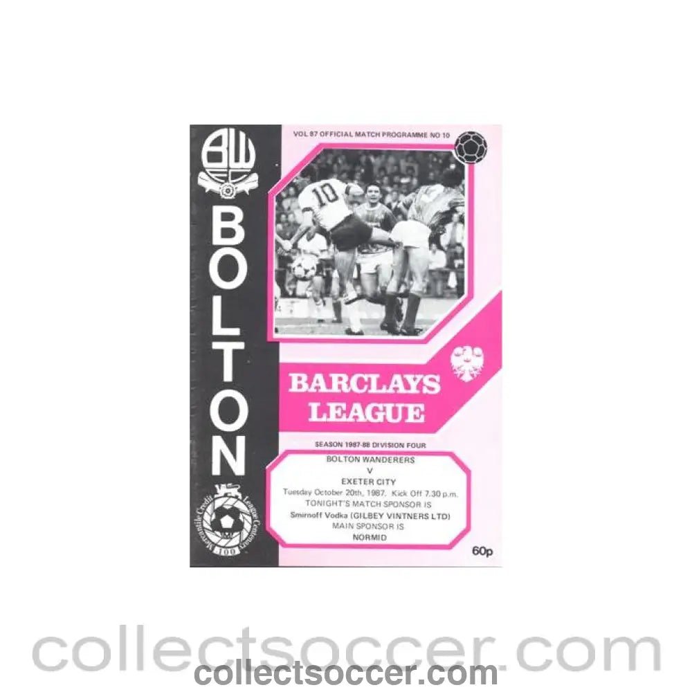 1987 - Bolton Wanderers v Exeter City official programme 20/10/1987 Football League - Collect Soccer
