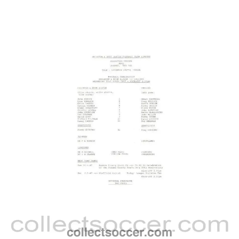 1987 - Brighton & Hove Albion v Chelsea official teamsheet 22/04/1987 Reserves