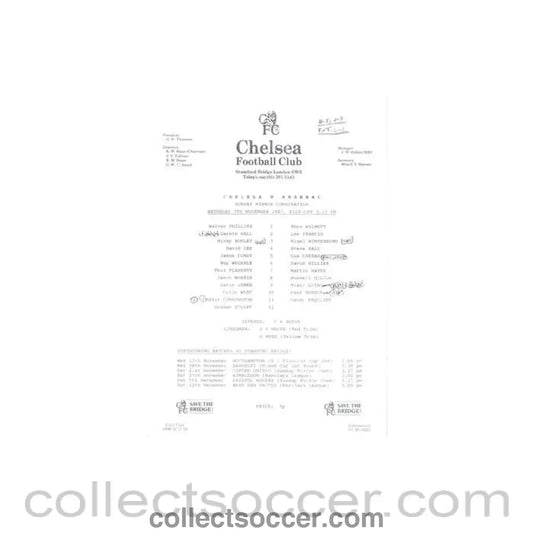 1987 - Chelsea v Arsenal Reserves official teamsheet 07/11/1987 Football Combination - Collect Soccer