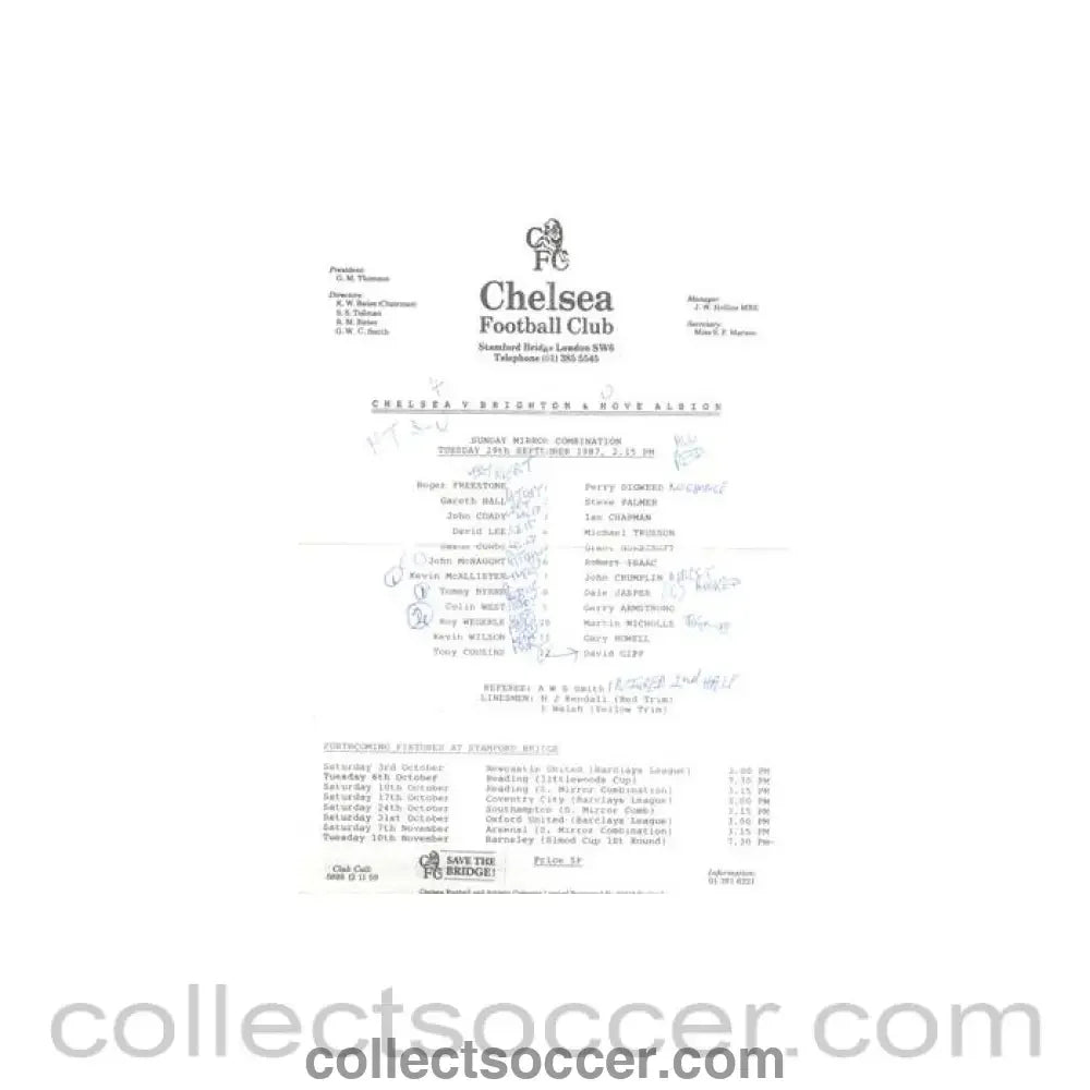 1987 - Chelsea v Brighton Reserves official teamsheet 29/09/1987 Football Combination - Collect Soccer
