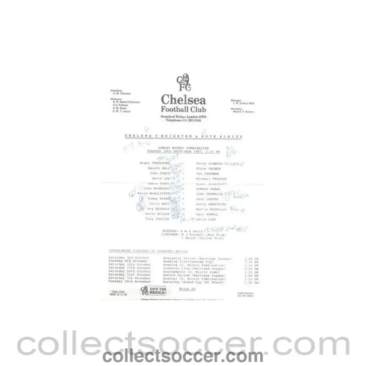 1987 - Chelsea v Brighton Reserves official teamsheet 29/09/1987 Football Combination