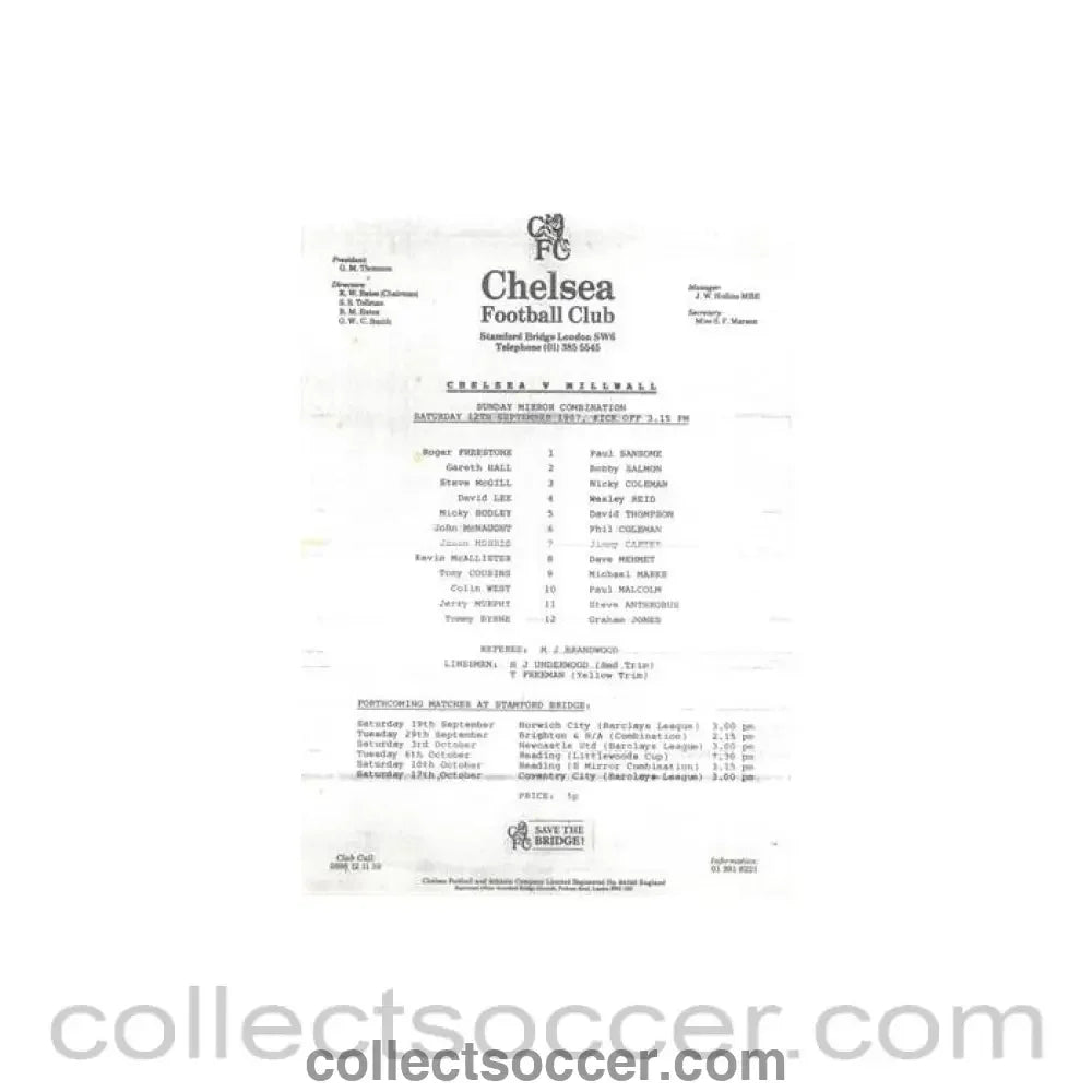 1987 - Chelsea v Millwall Reserves official teamsheet 12/09/1987 Football Combination - Collect Soccer