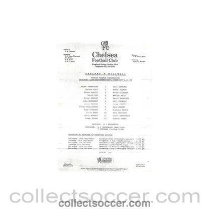 1987 - Chelsea v Millwall Reserves official teamsheet 12/09/1987 Football Combination - Collect Soccer