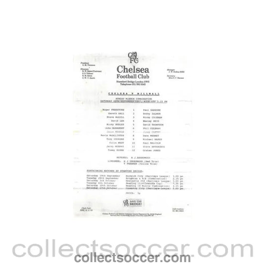 1987 - Chelsea v Millwall Reserves official teamsheet 12/09/1987 Football Combination