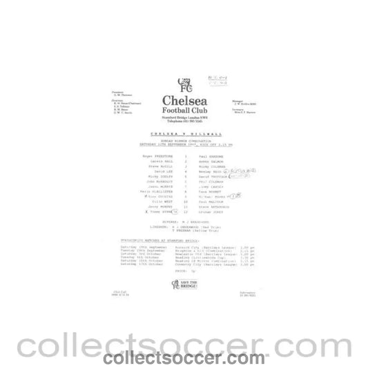 1987 - Chelsea v Millwall Reserves official teamsheet 12/09/1987 Football Combination - Collect Soccer