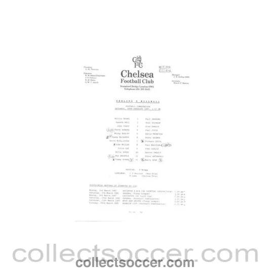 1987 - Chelsea v Millwall Reserves official teamsheet 28/02/1987 Football Combination - Collect Soccer