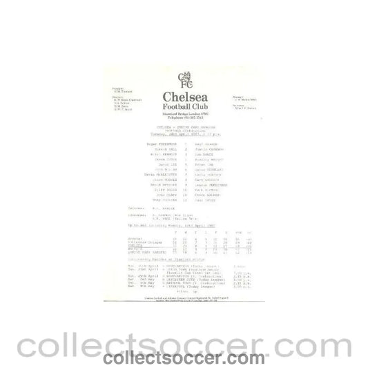 1987 - Chelsea v Queen’s Park Rangers official teamsheet 14/04/1987 Reserves