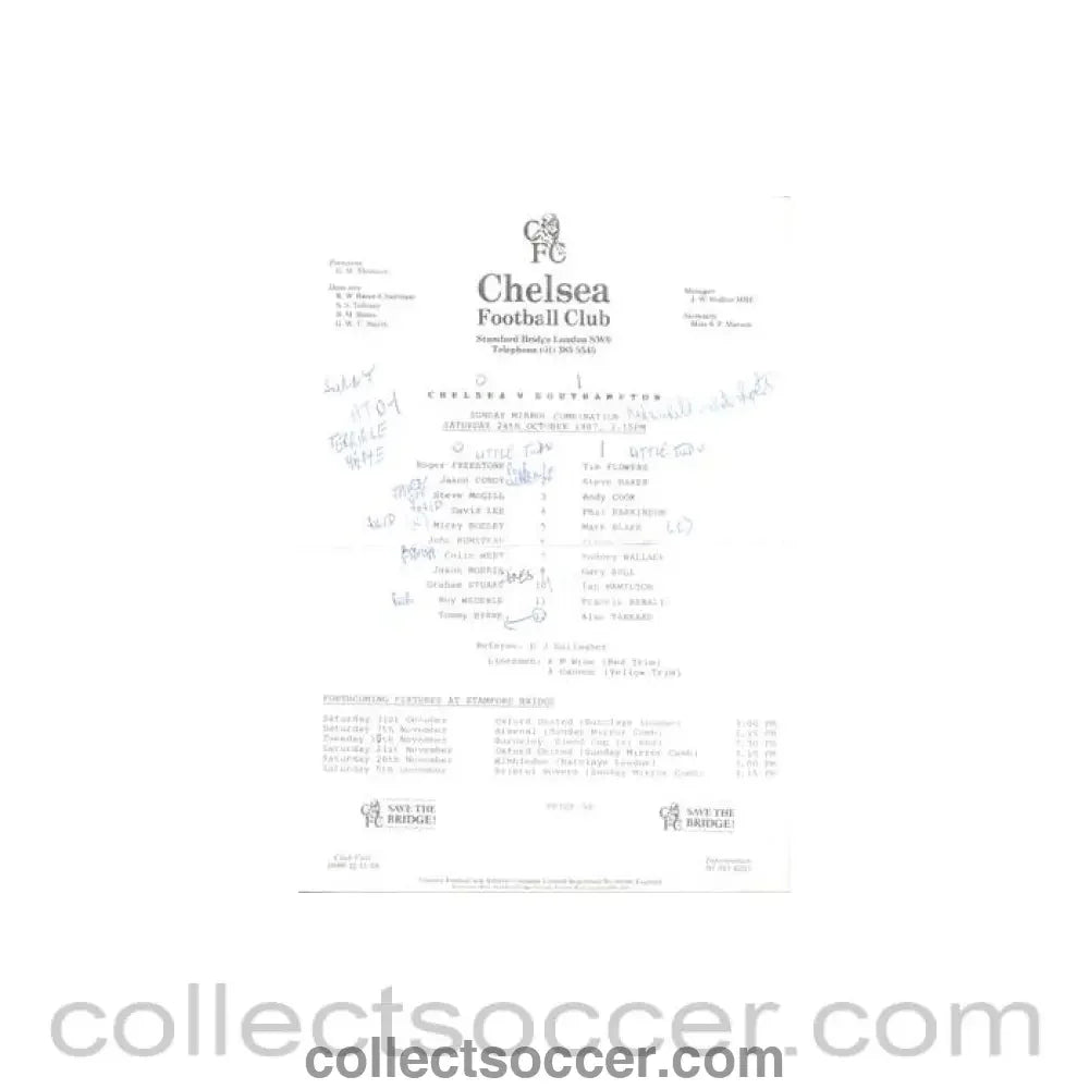 1987 - Chelsea v Southampton Reserves official teamsheet 24/10/1987 Football Combination - Collect Soccer