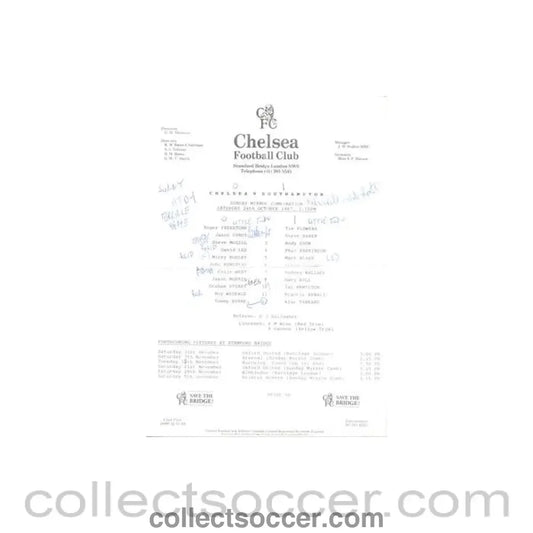 1987 - Chelsea v Southampton Reserves official teamsheet 24/10/1987 Football Combination