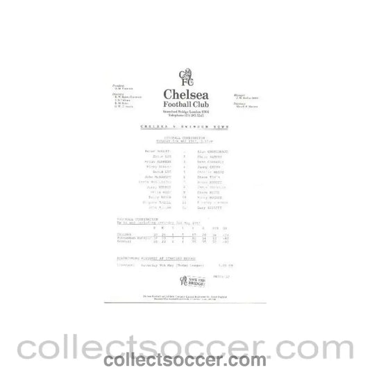 1987 - Chelsea v Swindon Town official teamsheet 05/05/1987 - Collect Soccer