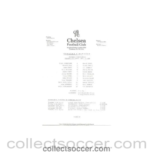 1987 - Chelsea v Watford official teamsheet 07/04/1987