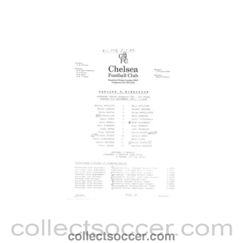 1987 - Chelsea v Wimbledon official teamsheet 08/09/1987 Southern Junior Floodlit Cup - Collect Soccer