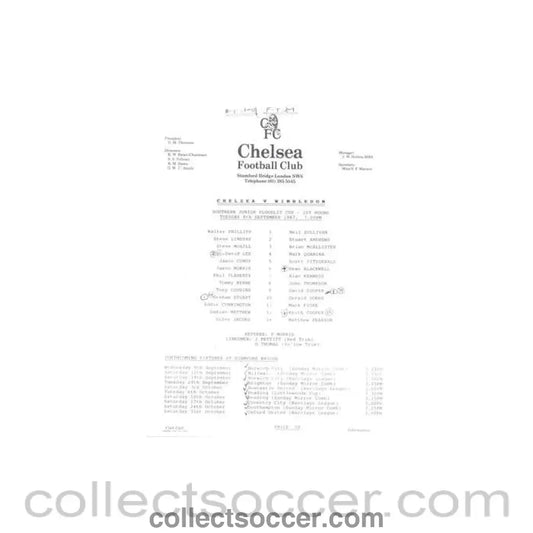 1987 - Chelsea v Wimbledon official teamsheet 08/09/1987 Southern Junior Floodlit Cup - Collect Soccer