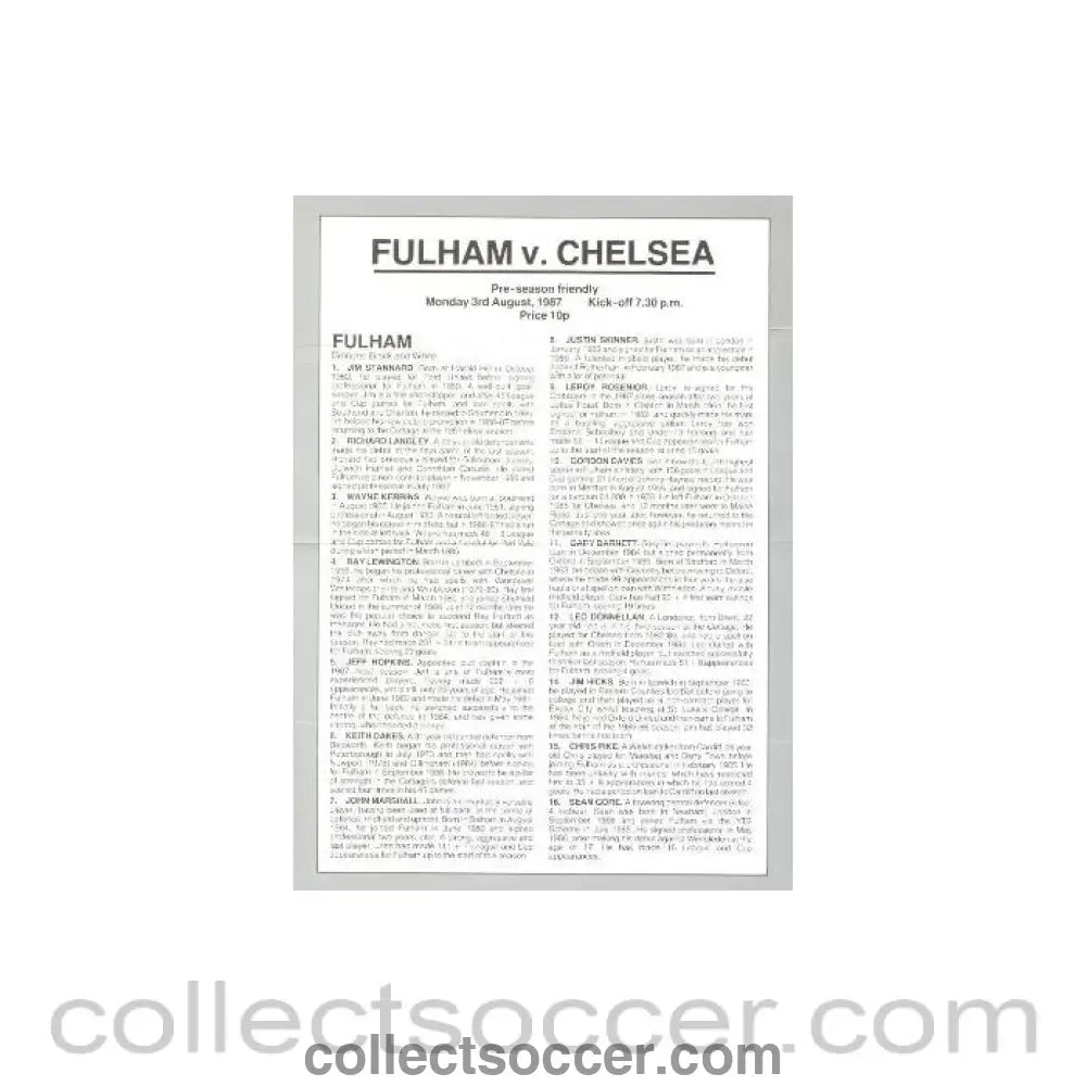 1987 - Fulham vChelsea official programme 03/08/1987 Pre - season friendly - Collect Soccer