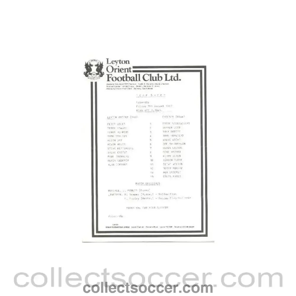 1987 - Leyton Orient v Chelsea official teamsheet 07/08/1987