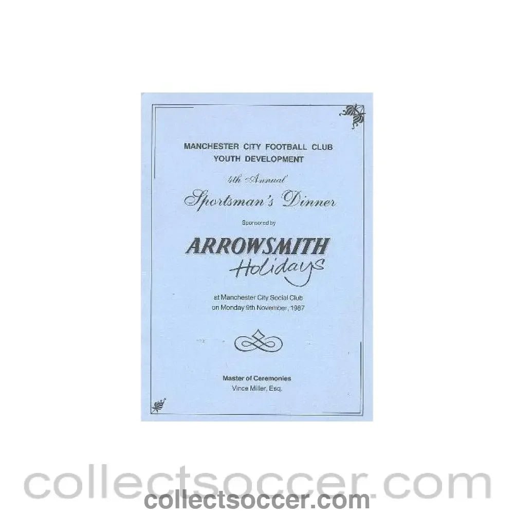 1987 - Manchester City menu of 09/11/1987 Youth Development 4th Annual Sportsman's Dinner - Collect Soccer