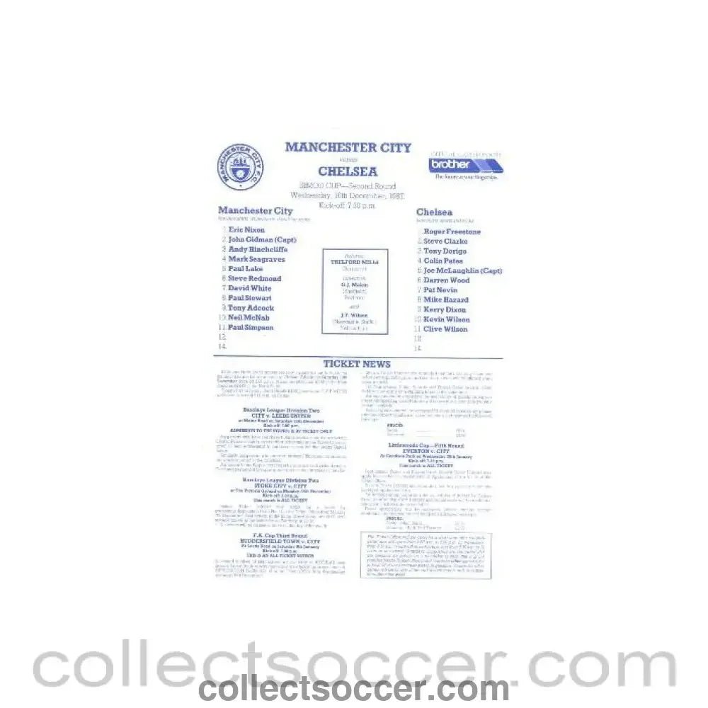 1987 - Manchester City v Chelsea official teamsheet 16/12/1987 - Collect Soccer