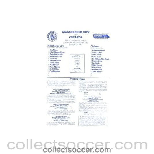 1987 - Manchester City v Chelsea official teamsheet 16/12/1987 - Collect Soccer
