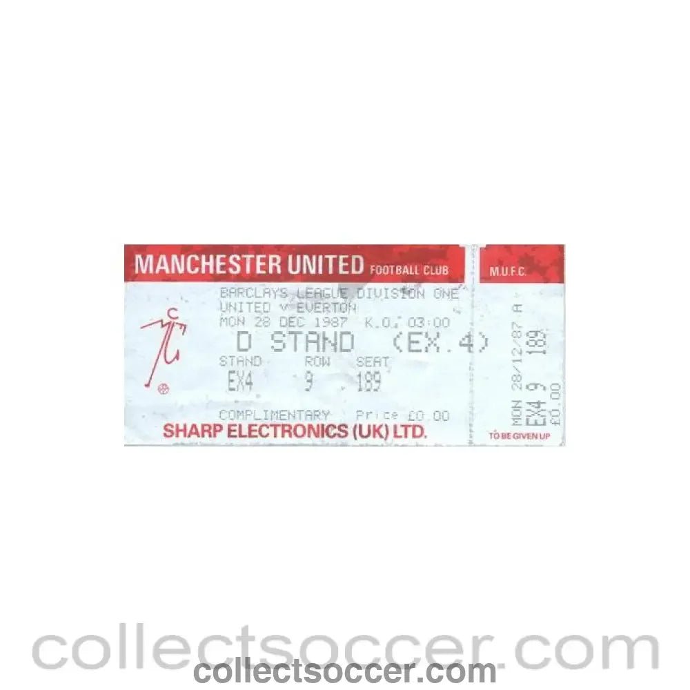 1987 - Manchester United v Everton unused ticket 28/12/1987 Football League - Collect Soccer
