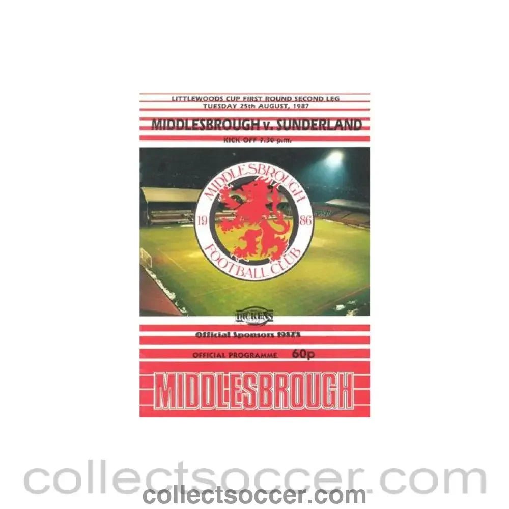 1987 - Middlesbrough v Sunderland official programme 25/08/1987 Littlewoods Cup - Collect Soccer